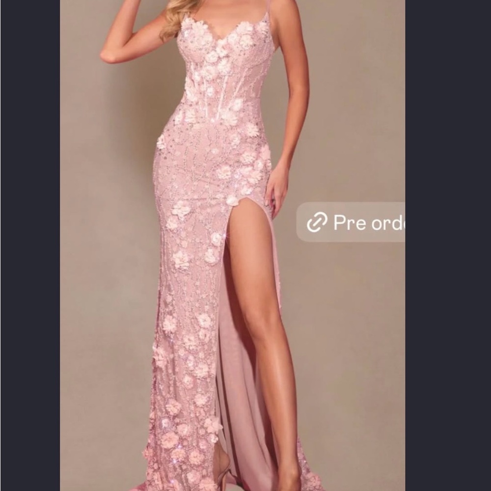 Portia and Scarlett Dusty Pink Floral Appliqué Prom Gown